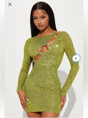 Fashion Nova “Hey Baby” Lime Green Sequin Mini Dress – Size M (US 7) Cutout